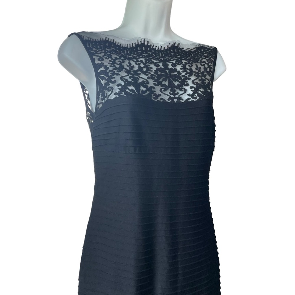 Tadashi Shoji Black Embroidered Illusion Lace Pintuck Jersey Dress Formal Gown - Picture 7 of 14